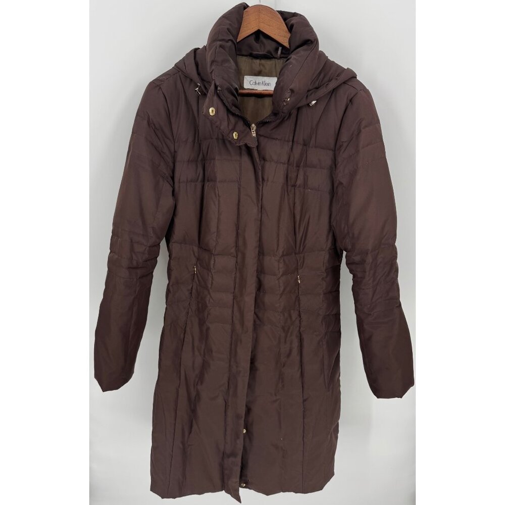 Calvin Klein Womens Long Brown Quilted Down Filled Hooded Puffer Coat